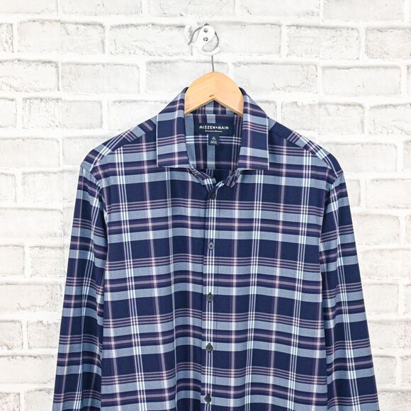 MIZZEN + MAIN Men's Button up Shirt blue plaid size Medium Trim fit - Picture 3 of 5